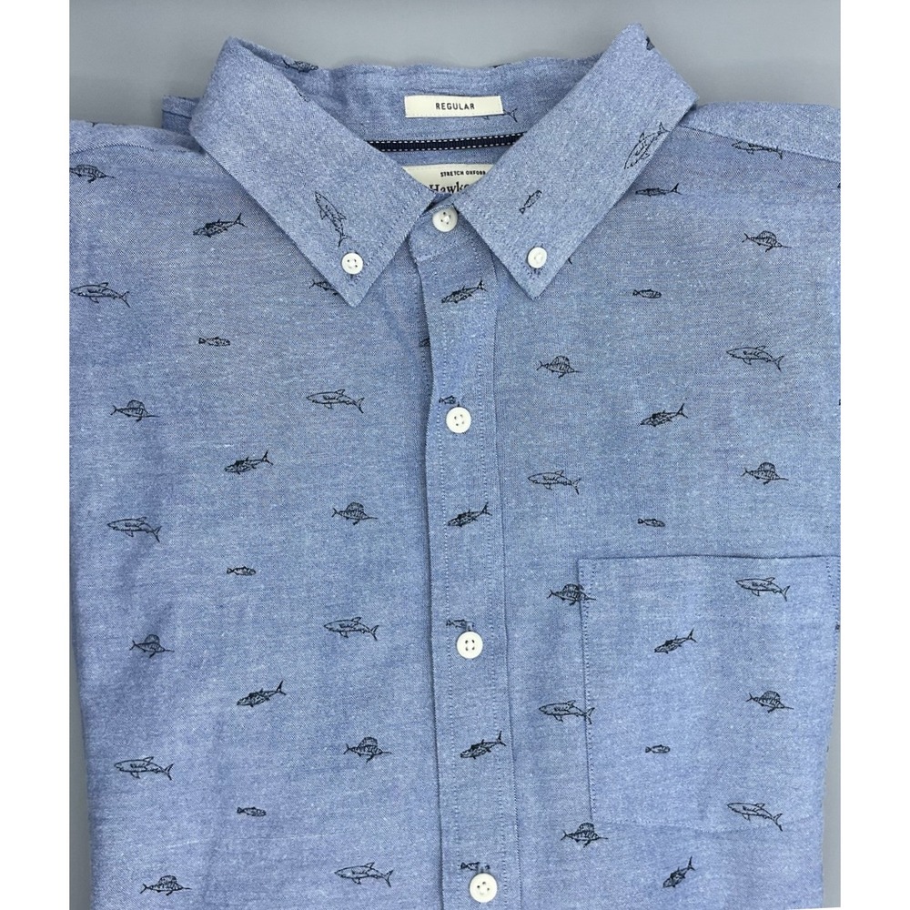 Hawker Rye Mens Stretch Oxford Short Sleeve Shirt Reg Fit Blue Fish Print Sz L